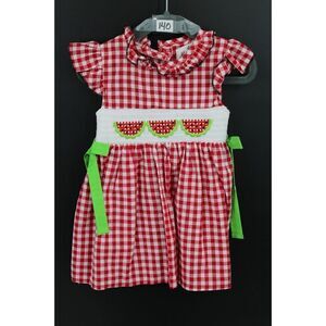 MARIE NICOLE CLOTHING RED/WHITE GINGHAM WATERMELON SMOCKED 3XS DRESS FITS LIKE 2
